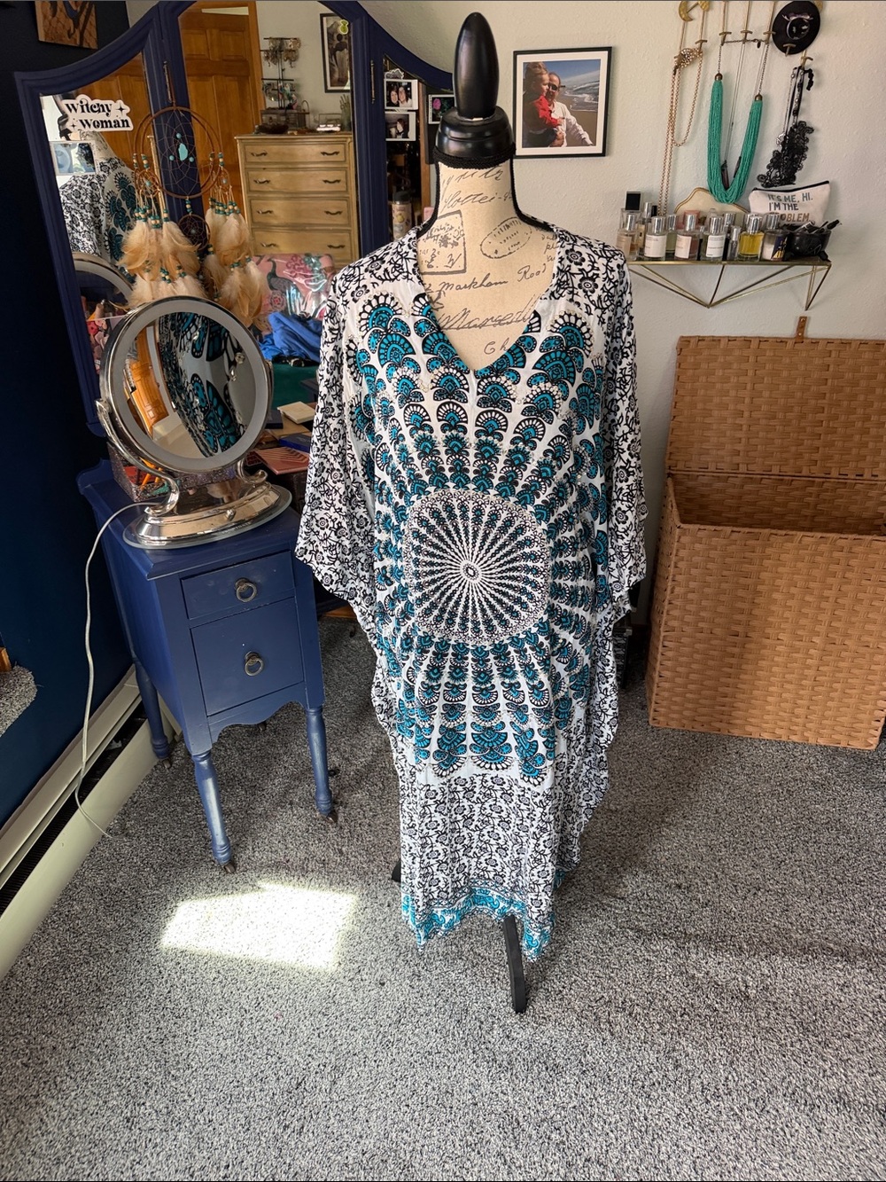 Teal and Black Boho Medallion Kaftan Dress